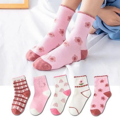 5 Pairs/Lot Kids Soft Cotton Socks Korean Love Heart Flower Print Baby Girl Socks Autumn Winter Warm Children Middle Tube Socks