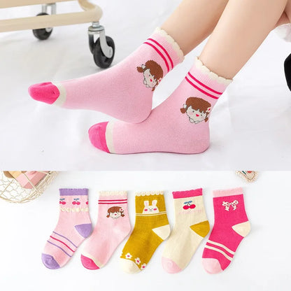 5 Pairs/Lot Kids Soft Cotton Socks Korean Love Heart Flower Print Baby Girl Socks Autumn Winter Warm Children Middle Tube Socks