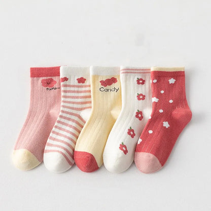 5 Pairs/Lot Kids Soft Cotton Socks Korean Love Heart Flower Print Baby Girl Socks Autumn Winter Warm Children Middle Tube Socks