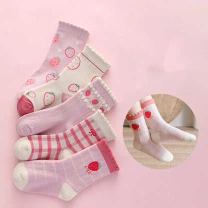 5 Pairs/Lot Kids Soft Cotton Socks Korean Love Heart Flower Print Baby Girl Socks Autumn Winter Warm Children Middle Tube Socks