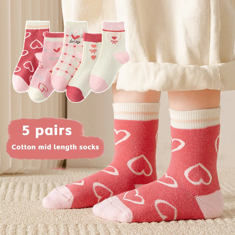 5 Pairs/Lot Kids Soft Cotton Socks Korean Love Heart Flower Print Baby Girl Socks Autumn Winter Warm Children Middle Tube Socks