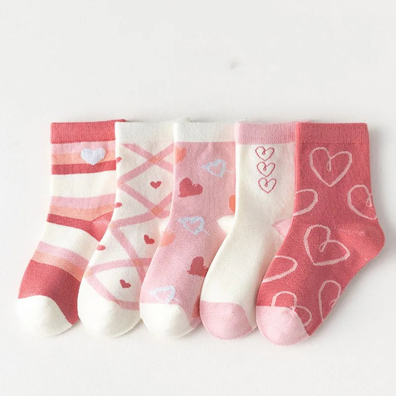 5 Pairs/Lot Kids Soft Cotton Socks Korean Love Heart Flower Print Baby Girl Socks Autumn Winter Warm Children Middle Tube Socks